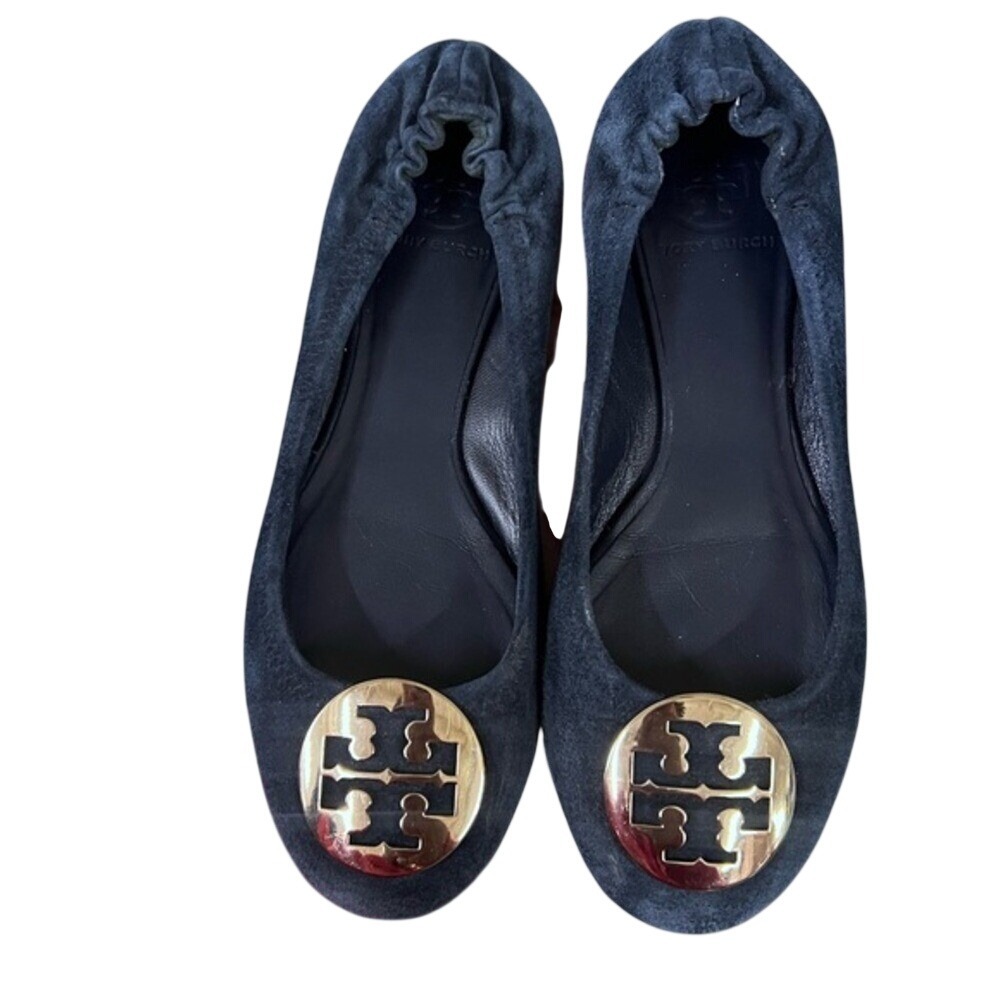 Tory Burch Navy Blue Suede Ballet Flats Gold Logo Size 8M